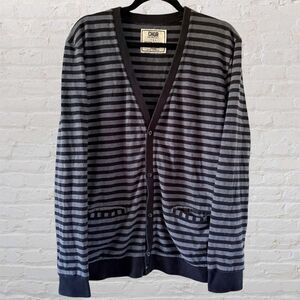 Chor Sweater Cardigan Mens L Gray Black Striped Button Front V Neck Knit Large
